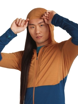 Bluza termoaktywna z kapturem Icebreaker Merino Blend 200 RealFleece Descender LS Zip Hoodie niebiesko-pomarańczowa