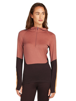 Koszulka termoaktywna damska z długim rękawem i kapturem Icebreaker 200 Sonebula z zamkiem do połowy, pomarańczowo-brązowa