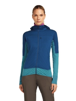 Bluza termoaktywna damska z kapturem Icebreaker Merino Blend 300 RealFleece Descender LS Zip Hoodie niebieska