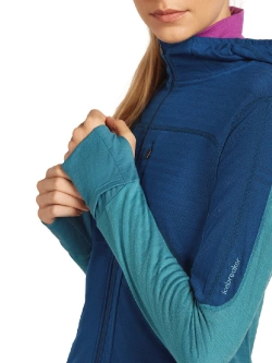 Bluza termoaktywna damska z kapturem Icebreaker Merino Blend 300 RealFleece Descender LS Zip Hoodie niebieska