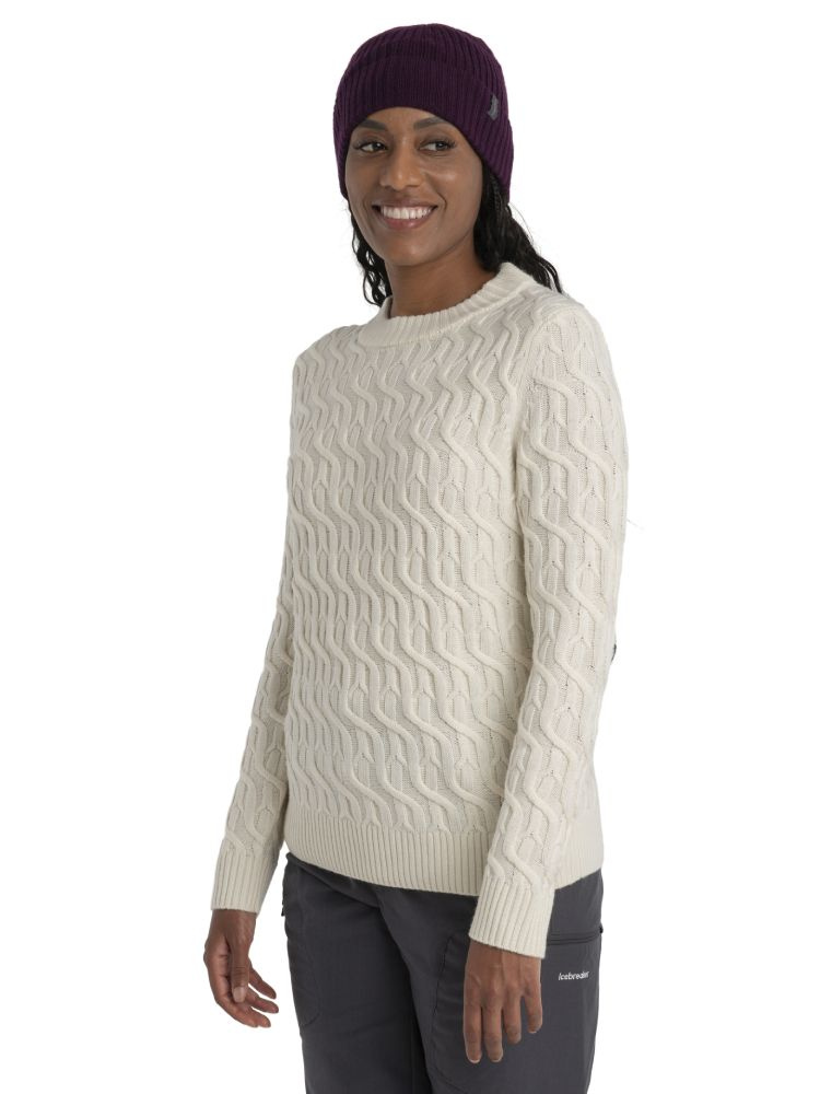Sweter termoaktywny damski z okrągłym dekoltem Icebreaker Cable Knit kremowy