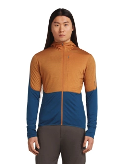 Bluza termoaktywna z kapturem Icebreaker Merino Blend 200 RealFleece Descender LS Zip Hoodie niebiesko-pomarańczowa