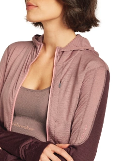 Bluza termoaktywna damska z kapturem Icebreaker Merino Blend 200 RealFleece Descender LS Zip Hoodie bordowo-różowa