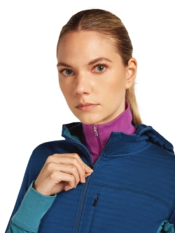 Bluza termoaktywna damska z kapturem Icebreaker Merino Blend 300 RealFleece Descender LS Zip Hoodie niebieska