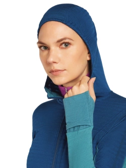 Bluza termoaktywna damska z kapturem Icebreaker Merino Blend 300 RealFleece Descender LS Zip Hoodie niebieska